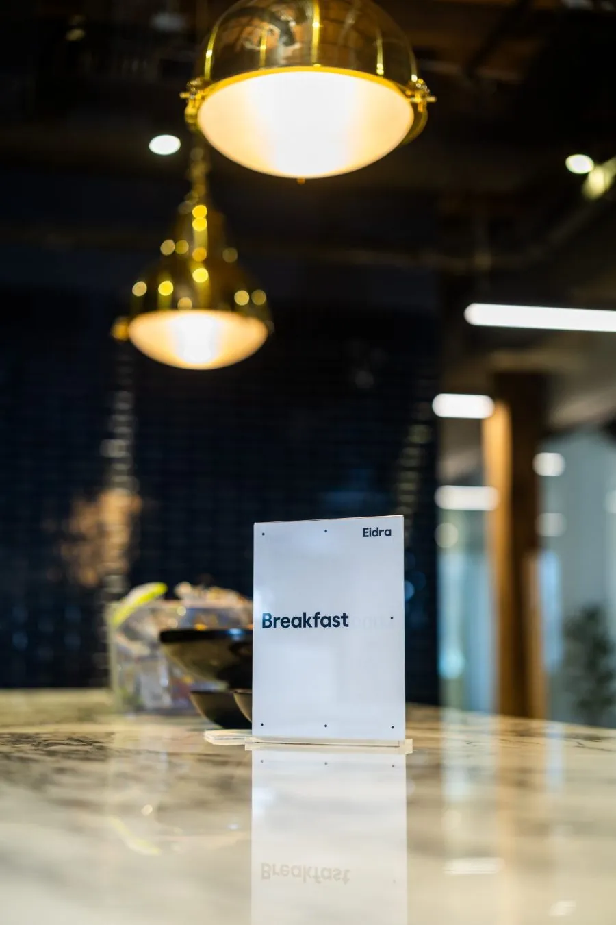 Member breakfast set out on the marble kitchen counter