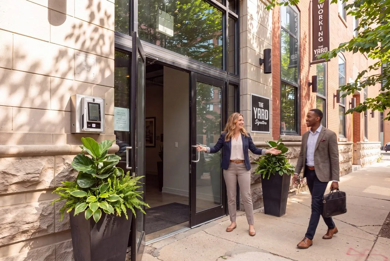 A team member welcomes a guest at the front door of The Yard Signature on Lake Street
