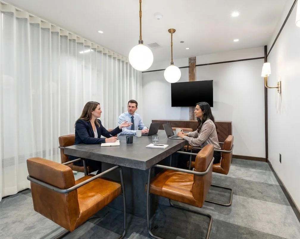 Three professionals meeting around a concrete table in the Galena room with leather chairs and globe pendants