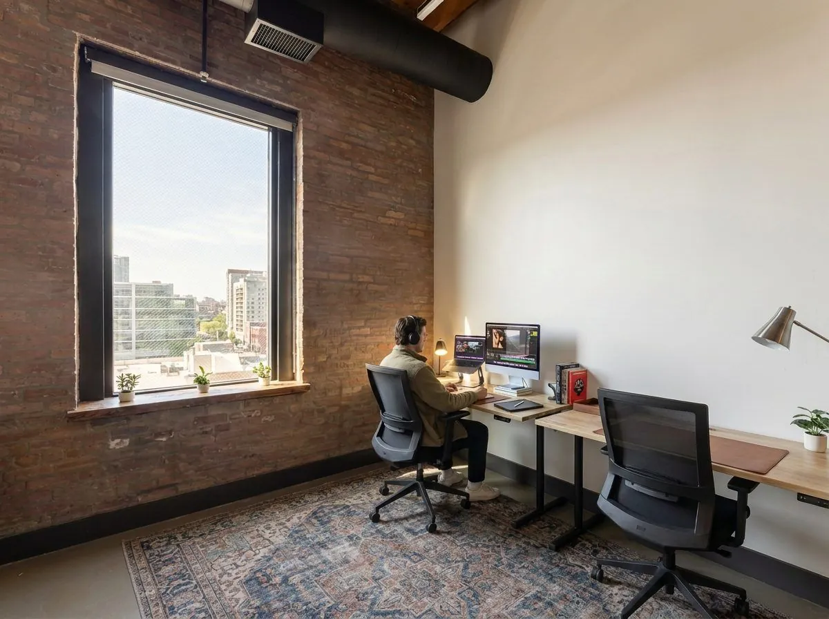 Two-person private office with exposed brick, an oversized window over Fulton Market, and paired desks