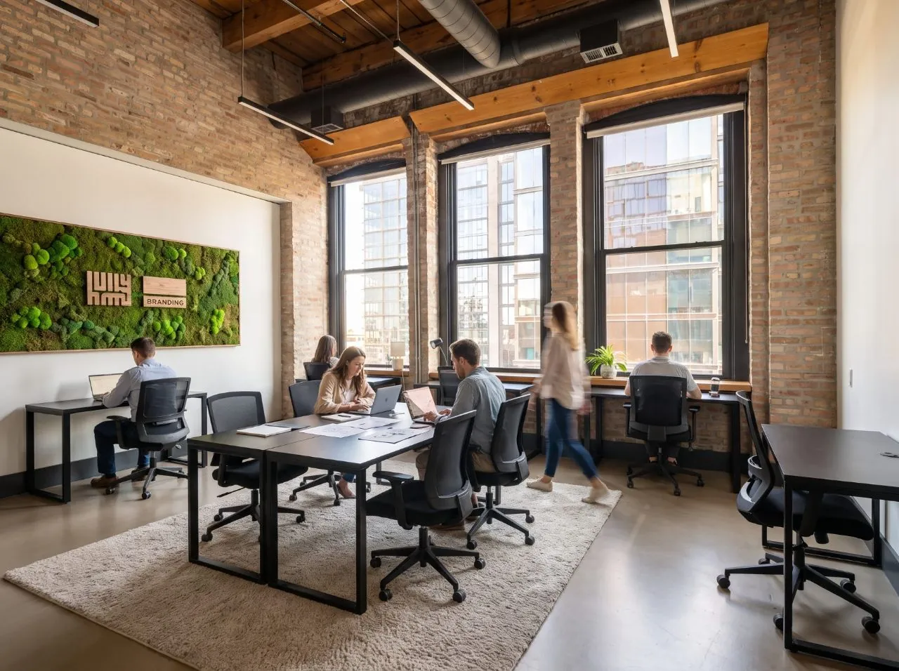 Team office with a shared work table, moss-wall branding, exposed brick, and members at window desks